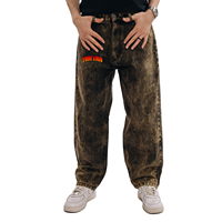 Vaqueros de mezclilla unisex personalizados de pierna recta holgada estilo vintage hip hop para hombre, con lavado a la piedra, estampado digital sólido y botones desgastados.