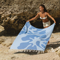 Grande couverture de pique-nique en coton turc bleu doux et léger de qualité supérieure pour l'été australien, serviette de plage absorbante à franges