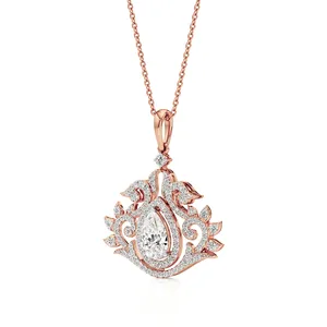 สร้อยคอจี้เพชรรูปดอกบัวทองคำ 14K โรสโกลด์ เพชรทรงลูกแพร์ธรรมชาติ เครื่องประดับงานแต่งงานสำหรับผู้หญิง - Product Image 2