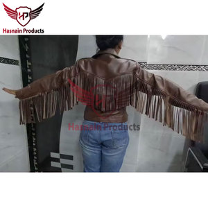 เสื้อแจ็คเก็ตขอบผู้หญิงในหนังสีน้ําตาลสไตล์ตะวันตกเสื้อแจ็คเก็ตหนังแท้ Biker พร้อมรายละเอียดขอบฮิปปี้คาวเกิร์ลชุดชั้นใน - Product Image 6