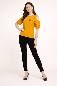 Shoryam Fashion Blusa de Mujer Amarilla con Hombros Descubiertos y Media Manga con Volantes, Elegante, Estilo Formal Occidental, Diseño Sólido, Crepé de Secado Rápido - Product Image 2