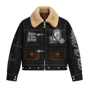 Veste en toile denim zippée coupe-vent d'hiver à col montant pour homme, style streetwear, effet vieilli et délavé personnalisé - Product Image 2