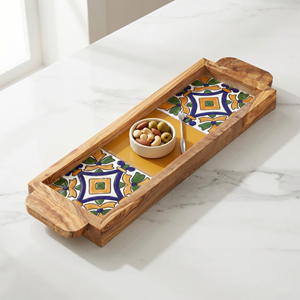 Plateau de service carré personnalisé unique - Plateau ottoman en bois d'olivier et céramique pour un style de table basse tendance - Product Image 2
