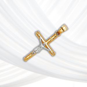 Colgante de cruz cristiana Chapado en dos tonos de oro amarillo de 14K de tendencia vintage Accesorio clásico religioso para niños - Product Image 5