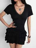Robe mini sexy pour femme, col en V, dentelle, manches courtes, volants superposés, style Y2K, pour soirée et club, vente en gros, personnalisable