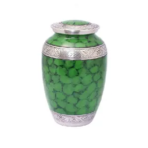 Urnas de cremación de acero inoxidable, diseño de hoja de Color plateado y verde, urnas para cenizas humanas adultas hechas a mano a granel