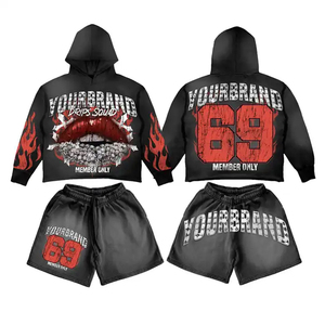 Ensemble sweat-shirt à capuche court et short personnalisé délavé à l'acide streetwear unisexe délavé au soleil vêtements de sport à la mode ensemble de survêtements courts - Product Image 1