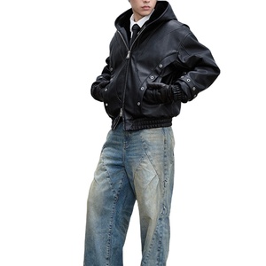 Chaqueta de Cuero Genuino Estilo Motero Retro Urbano, Diseño Personalizado OEM al por Mayor, Chaqueta de Cuero Negra Holgada Estilo Y2K - Product Image 4