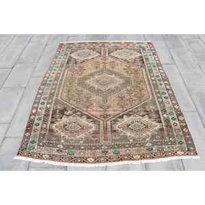 Tapis turc vintage, dimensions 4,9x5,8 pi (148x177 cm), tapis en laine rayé marron - Product Image 1