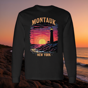Camiseta de manga larga con diseño colorido del atardecer y el faro de Montauk, Nueva York, para promociones - Product Image 3
