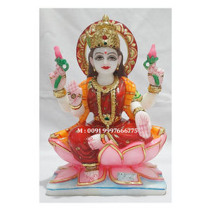 Statue de la déesse Lakshmi en marbre blanc au design attrayant, position assise sur lotus coloré, pour le festival de Diwali. - Product Image 1