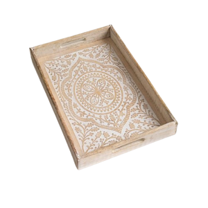 Nouveauté : Plateau de service en bois de mangue blanchi au chaux avec poignées métalliques pour la nourriture et le dîner - Product Image 1