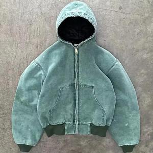 <b>Men</b> Oversized Hooded <b>Fleece</b> <b>Jacket</b> Acid Wash Green Windproof Zipper Casual Winter Streetwear - Product Image 2