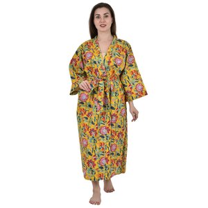 Bata de Casa Boho de Algodón Puro, Vestido de Verano Estampado a Mano Estilo Indio, Amarillo Mostaza, Rosa, con Estampado Floral, Atuendo de Lujo para Vacaciones en la Playa - Product Image 3