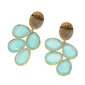 Aqua Chalcedony Gemstone <b>Earrings</b> Gold Plated Oval Shape Dangling <b>Earring</b> Pairs Unique Jewelry - Product Image 3