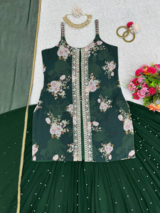 Vêtements de fête et de mariage Faux fil de georgette avec sequnece Rivet Moti et impression numérique avec toile Pata Work Top Lehenga & Dupatta - Product Image 6