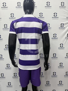 Uniforme de rugby sublimé de haute qualité, respirant, à séchage rapide, maillot et short de rugby rayés violet et blanc pour l'entraînement en équipe - Product Image 6