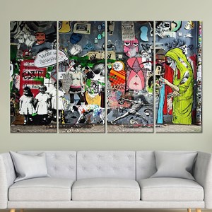 Impresión en Lienzo de Vidrio Templado con Graffiti Abstracto: Obra de Arte Estilo Banksy, JUEGO DE 4 LIENZOS - Product Image 1