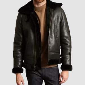 Cazadora bomber de piel de oveja negra para hombre, color negro, - Product Image 1