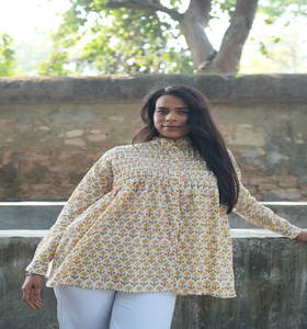 Haut évasé à motif floral pour femmes et filles, 100 % coton, col en V, écologique, lavable, taille naturelle moderne, manches longues, confortable - Product Image 2