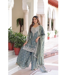 ชุดชาราราผ้าไหมหรูหราแบบดั้งเดิม พร้อมงานปักลายและประดับด้วยเลื่อม พร้อมผ้าคลุมไหล่แฟนซี สำหรับงานเทศกาลและงานอีเว้นท์ - Product Image 1