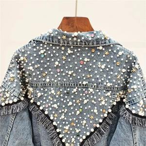 Chaqueta vaquera transpirable de primera calidad de algodón 100%, chaqueta vaquera con capucha con estampado de piedra 3D para mujer, chaqueta vaquera de punto personalizable con diamantes - Product Image 2