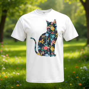 Camiseta Gráfica con Silueta de Gato Floral para Niñas, Cuello Redondo Mediano, Manga Corta, Impresión Digital, Actividades Promocionales - Product Image 3