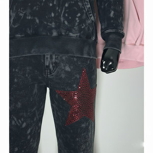 Sweat à capuche à manches longues en molleton thermique d'hiver 100% coton délavé à l'acide, pantalon de jogging à jambe évasée, pierres de Rhin sur le devant, style formel - Product Image 6