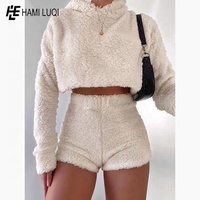 Conjunto de Invierno de 2 Piezas para Mujer, Sudadera Corta con Cierre Completo y Pantalones Cortos a Juego, Forro Polar Sherpa, Logotipo Personalizado, Tejido Transpirable Informal