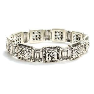 925 Sterling Silver Antique <b>Beaded</b> <b>Bracelet</b> with Greek Pattern Zircon Stones Geometric Number Design Pearl Main Stone for Gift - Product Image 2