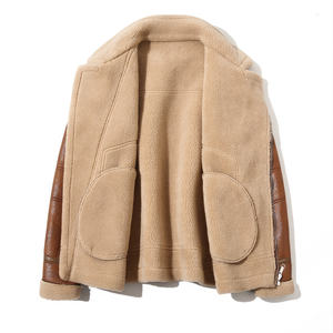 Blouson aviateur en toile imperméable et coupe-vent, doublé de fausse fourrure en sherpa en peau de mouton véritable B3, brun vieilli, personnalisé - Product Image 4