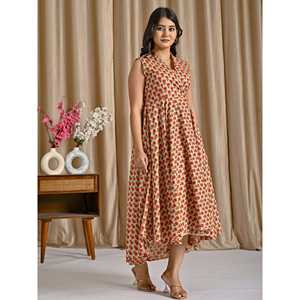 Vestido Asimétrico Estampado de Algodón Butti Rojo Beige, Personalizado, Casual, Elegante, para Oficina, Talla 5XL, Transpirable, Estiloso, para Fiestas Diurnas - Product Image 6