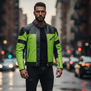 OEM Wholesale <b>Men's</b> Neon <b>Green</b> and Black Leather Speedway Racing <b>Jacket</b> Custom Motorcycle Biker Coat - Product Image 4