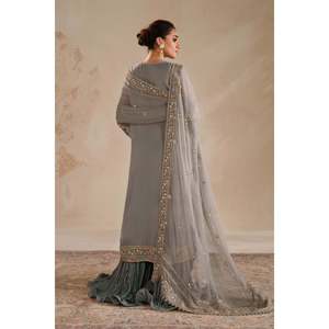 Ensemble de costume pour femme en mousseline de soie grise brodée 100% polyester UF-4364 - Product Image 2