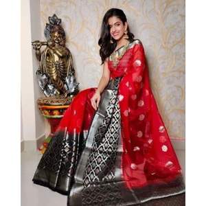 Sari en organza Banarasi fantaisie, collection élégante de créateurs, bordure en zari, longueur au sol, 6,3 m, pièce de chemisier pour tenue de mariée, mariage - Product Image 1