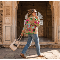 Blouson Bomber Léger en Coton Satiné Écologique Brodé à la Main Bestia Suzani, Motif Floral, Col en V, Manches Longues, Style Prairie Chic Printemps