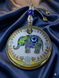 DNB1001 13 cm Handmade Elephant Evil Eye <b>Wall</b> <b>Hanging</b> Ornament with Embossed Glass Nazar Bead and Gold Stripes - Product Image 3