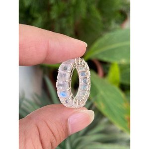 925 Silver Rainbow <b>Moonstone</b> Eternity Band <b>Ring</b> Emerald Cut Boho Style with Rhodium Plating Everyday Wear and Gift Option - Product Image 2