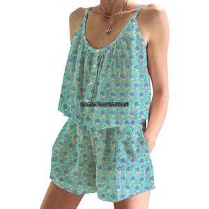 Conjunto de Pijama Corto con Estampado Floral Indio Hecho a Mano, de Algodón para Mujer, Primavera/Verano, Ajustado, con Tirantes, Sin Mangas - Product Image 3