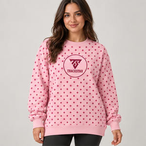 Women's Blush <b>Pink</b> Crewneck <b>Sweatshirt</b> with Dark Rose Allover Polka Dots Long Sleeve Trackstar OEM Private Label - Product Image 1