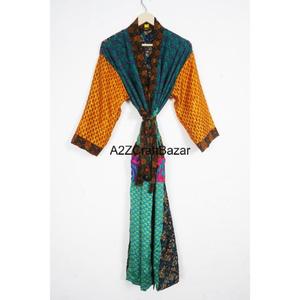 Handmade Boho Style Women's 100% Silk Luxury <b>Kimono</b> <b>Robe</b> Patchwork Design Drawstring Closure Full Length <b>Long</b> Soft Breathable - Product Image 1