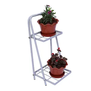 Estantería de escalera plegable de 2 niveles, soporte de exhibición de flores y plantas para balcón, Juego de contenedores de plantas grises de Metal