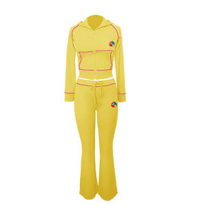 Sweat-shirt à capuche zippé patchwork avec broderie en détresse personnalisé survêtement deux pièces pour femmes ensemble pantalon de survêtement à capuche pour l'hiver - Product Image 2