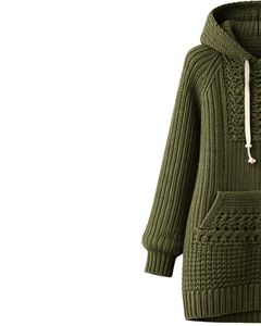 Suéter con Capucha de Punto Verde Oliva Personalizado para Mujer, Jersey Largo de Punto Trenzado, Cálido para Invierno, con Bolsillo, Estilo Casual Holgado - Product Image 2