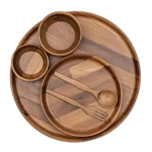Высшее качество цена древесина акации обеденная тарелка с двумя маленькими чашами одна средняя тарелка и ложка Вилка для отелей ресторанов
