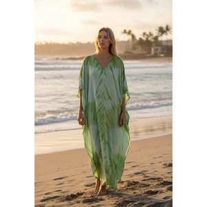 Robe kaftan longue pour femme, tie-dye vert, col en V, coupe ample, taille naturelle, lavable, vêtement de plage, robe de villégiature d'été - Product Image 4