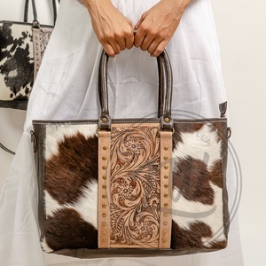 Stylish Women's Tote Bag New Real Hand Tooled Genuine Leather with Elegant Vintage Style <b>Concealed</b> Carry Tassel Detail - Product Image 2