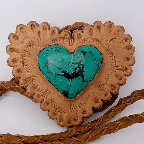 Deri Concho turkuaz taş Concho kolye ile örgülü hakiki deri takı kolye kalp Concho takı
