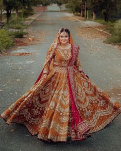 2024 Wedding Collection Dazzling Embroidery on Silk Orange <b>Blouse</b> & Lehenga Crystal Glass Beads & Dabka Work Bridal Salwar Dress - Product Image 1