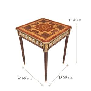 Table d'appoint carrée de luxe avec marqueterie géométrique complexe, médaillons en porcelaine peints à la main et décor palais en laiton doré - Product Image 4